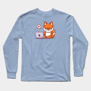 Cute Fox Operating Laptop Cartoon Long Sleeve T-Shirt